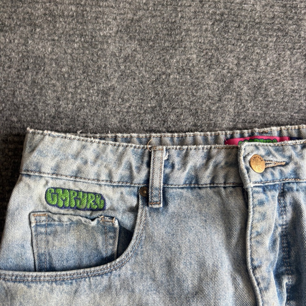 Empyre Light Wash Denim Mini Skirt Size 10 Embroidered Logo Raw Hem Frayed Blue - Picture 4 of 12